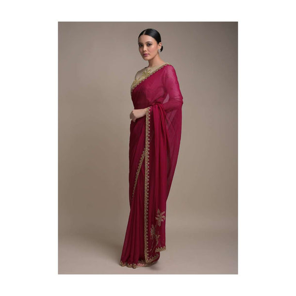 Raspberry Red Saree In Georgette Adorned With Cut Dana Embellished Border Online - Kalki Fashion