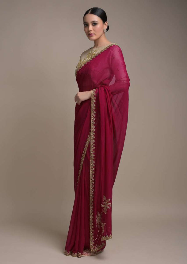 Raspberry Red Saree In Georgette Adorned With Cut Dana Embellished Border Online - Kalki Fashion