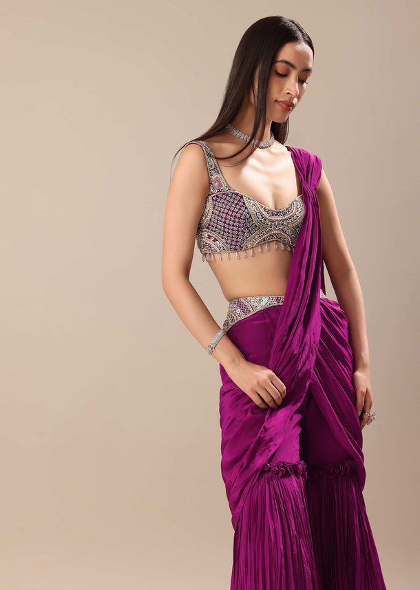 Raspberry Frill Saree With Embroidered Blouse