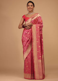 Cherry Pink Saree In Pure Banarasi Silk With An Orange Luminous Shade And Upada Zari Weave Floral Jaal Work