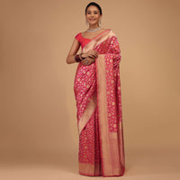 Cherry Pink Saree In Pure Banarasi Silk With An Orange Luminous Shade And Upada Zari Weave Floral Jaal Work