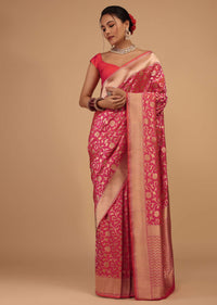 Cherry Pink Saree In Pure Banarasi Silk With An Orange Luminous Shade And Upada Zari Weave Floral Jaal Work
