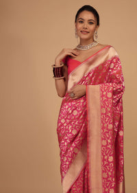 Cherry Pink Saree In Pure Banarasi Silk With An Orange Luminous Shade And Upada Zari Weave Floral Jaal Work