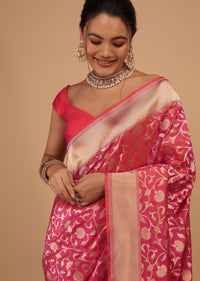 Cherry Pink Saree In Pure Banarasi Silk With An Orange Luminous Shade And Upada Zari Weave Floral Jaal Work