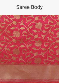 Cherry Pink Saree In Pure Banarasi Silk With An Orange Luminous Shade And Upada Zari Weave Floral Jaal Work