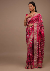 Raspberry Pink Two Toned Saree In Silk With Pure Patola Weave And Gotta Patti Embroidered Border