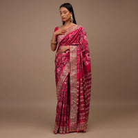 Raspberry Pink Two Toned Saree In Silk With Pure Patola Weave And Gotta Patti Embroidered Border