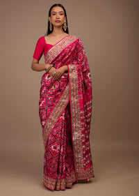 Raspberry Pink Two Toned Saree In Silk With Pure Patola Weave And Gotta Patti Embroidered Border