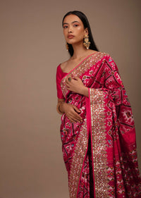 Raspberry Pink Two Toned Saree In Silk With Pure Patola Weave And Gotta Patti Embroidered Border