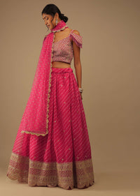 Raspberry Sorbet Pink Lehenga With Zari Embroidery Floral Motifs, Choli Comes With Sleeveless With Moti Fringes Embroidery