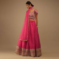 Raspberry Sorbet Pink Lehenga With Zari Embroidery Floral Motifs, Choli Comes With Sleeveless With Moti Fringes Embroidery