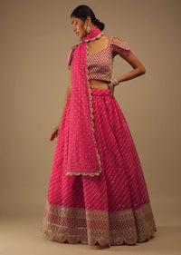 Raspberry Sorbet Pink Lehenga With Zari Embroidery Floral Motifs, Choli Comes With Sleeveless With Moti Fringes Embroidery