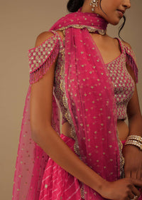 Raspberry Sorbet Pink Lehenga With Zari Embroidery Floral Motifs, Choli Comes With Sleeveless With Moti Fringes Embroidery