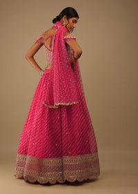 Raspberry Sorbet Pink Lehenga With Zari Embroidery Floral Motifs, Choli Comes With Sleeveless With Moti Fringes Embroidery