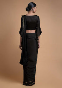 Raven Black Ready Pleated Saree With Kundan And Pleated Frill On The Border Online - Kalki Fashion