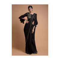 Raven Black Ready Pleated Saree With Kundan And Pleated Frill On The Border Online - Kalki Fashion