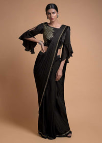 Raven Black Ready Pleated Saree With Kundan And Pleated Frill On The Border Online - Kalki Fashion