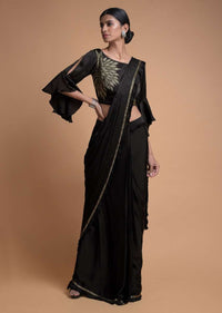 Raven Black Ready Pleated Saree With Kundan And Pleated Frill On The Border Online - Kalki Fashion