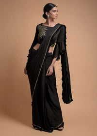 Raven Black Ready Pleated Saree With Kundan And Pleated Frill On The Border Online - Kalki Fashion