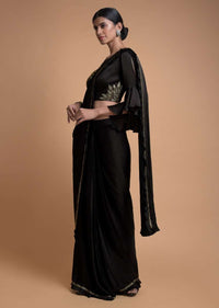 Raven Black Ready Pleated Saree With Kundan And Pleated Frill On The Border Online - Kalki Fashion