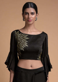 Raven Black Ready Pleated Saree With Kundan And Pleated Frill On The Border Online - Kalki Fashion