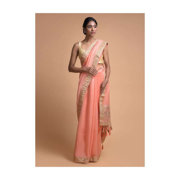 Ravishing Peach Saree In Linen Silk With Gotta Patch Embroidery In Floral Buttis And Leaf Pattern Online - Kalki Fashion