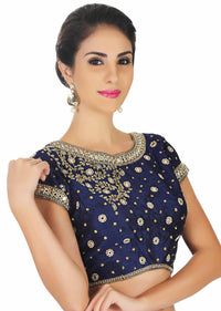 Raw silk blouse in navy blue with mirror embroidery only on Kalki