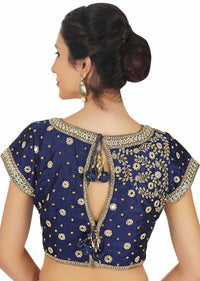 Raw silk blouse in navy blue with mirror embroidery only on Kalki