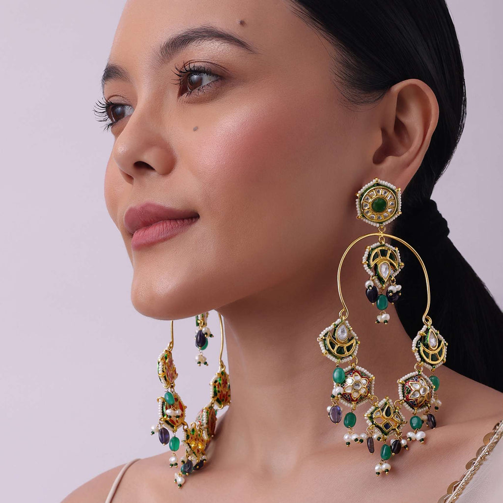 Read And Green Beaded Earrings In Gold Finish Mix Metal