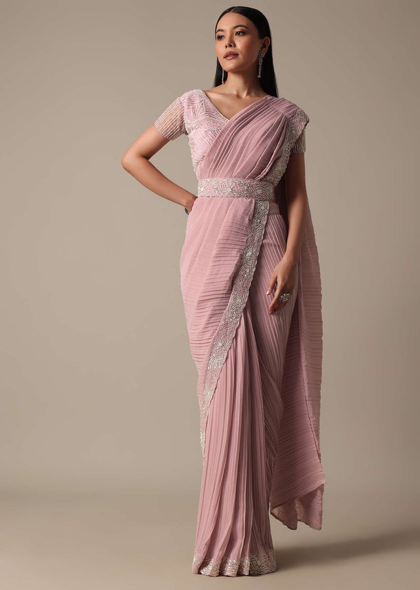 Ready Pleated Pink Saree with Ready-Made Blouse
