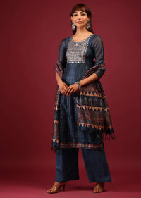 Teal Blue Palazzo Suit In Tussar Silk With Ajrakh Handblock Print And Embroidery