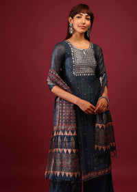 Teal Blue Palazzo Suit In Tussar Silk With Ajrakh Handblock Print And Embroidery