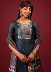 Teal Blue Palazzo Suit In Tussar Silk With Ajrakh Handblock Print And Embroidery