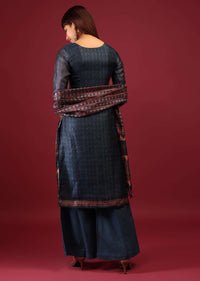 Teal Blue Palazzo Suit In Tussar Silk With Ajrakh Handblock Print And Embroidery