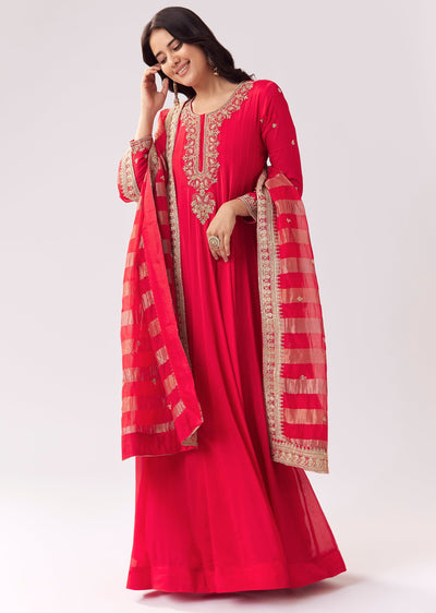 Red Anarkali With Zardozi And Sequins
