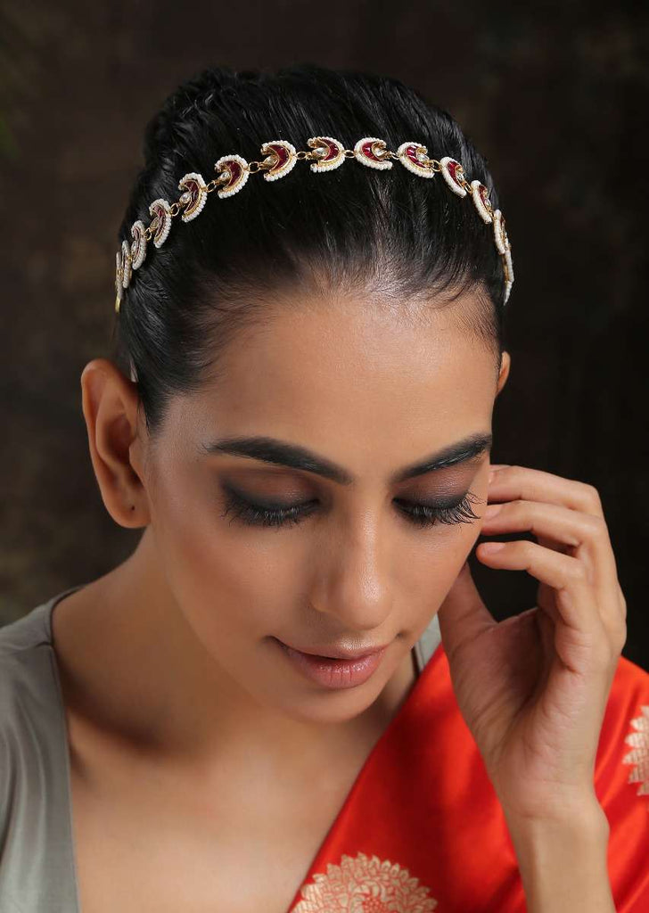 Red And Gold Headband With Uncut Polki, Ruby And Moti Arranged In Crescent Motifs That Have A Timeless Classic Look By Paisley Pop