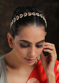 Red And Gold Headband With Uncut Polki, Ruby And Moti Arranged In Crescent Motifs That Have A Timeless Classic Look By Paisley Pop