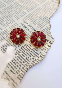 Red And Gold Stud Earrings In Floral Shape Studded With Ruby Red Stones And Kundan By Paisley Pop