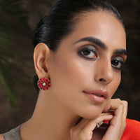Red And Gold Stud Earrings In Floral Shape Studded With Ruby Red Stones And Kundan By Paisley Pop