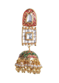 Red And Green Mina Work Jhumkas Embellished With Kundan And Pearls In Geometric Pattern Online - Kalki Fashion