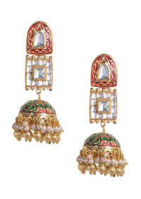 Red And Green Mina Work Jhumkas Embellished With Kundan And Pearls In Geometric Pattern Online - Kalki Fashion