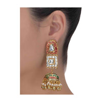 Red And Green Mina Work Jhumkas Embellished With Kundan And Pearls In Geometric Pattern Online - Kalki Fashion