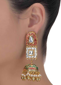 Red And Green Mina Work Jhumkas Embellished With Kundan And Pearls In Geometric Pattern Online - Kalki Fashion