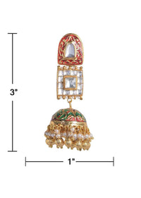 Red And Green Mina Work Jhumkas Embellished With Kundan And Pearls In Geometric Pattern Online - Kalki Fashion