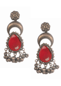 Red And Silver Oxidized Dangler Earrings In Mix Metal