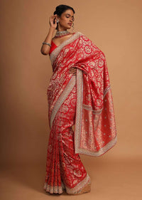 Red banarasi dola silk saree with jaal embroidery Online - Kalki Fashion