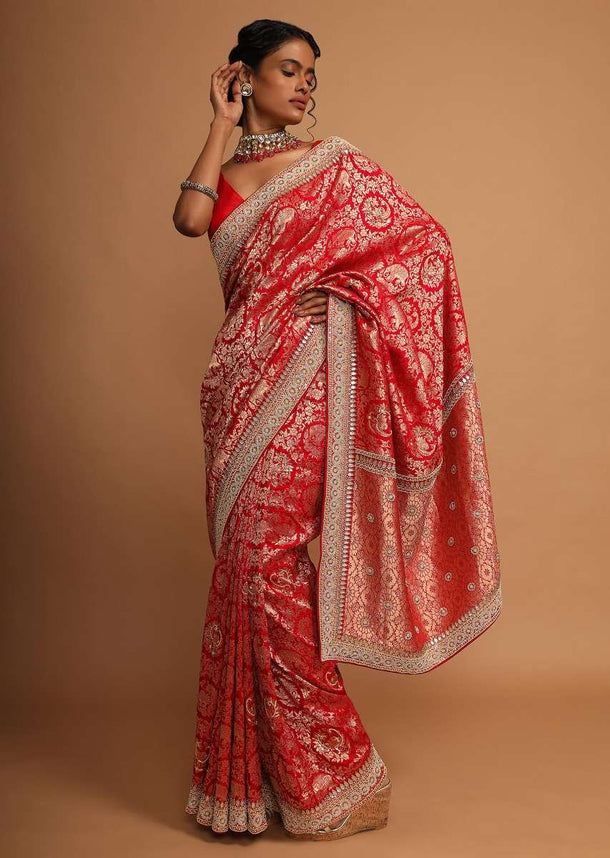 Red banarasi dola silk saree with jaal embroidery Online - Kalki Fashion