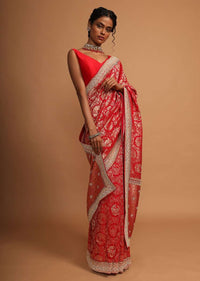 Red banarasi dola silk saree with jaal embroidery Online - Kalki Fashion