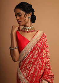 Red banarasi dola silk saree with jaal embroidery Online - Kalki Fashion