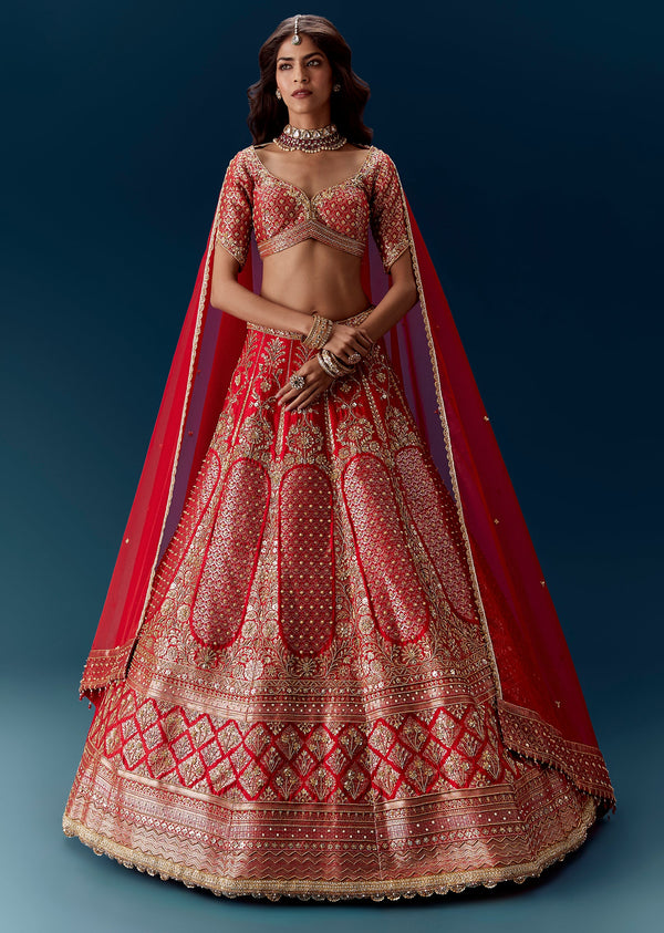 Red Banarasi Embroidered Bridal Lehenga And Dupattas
